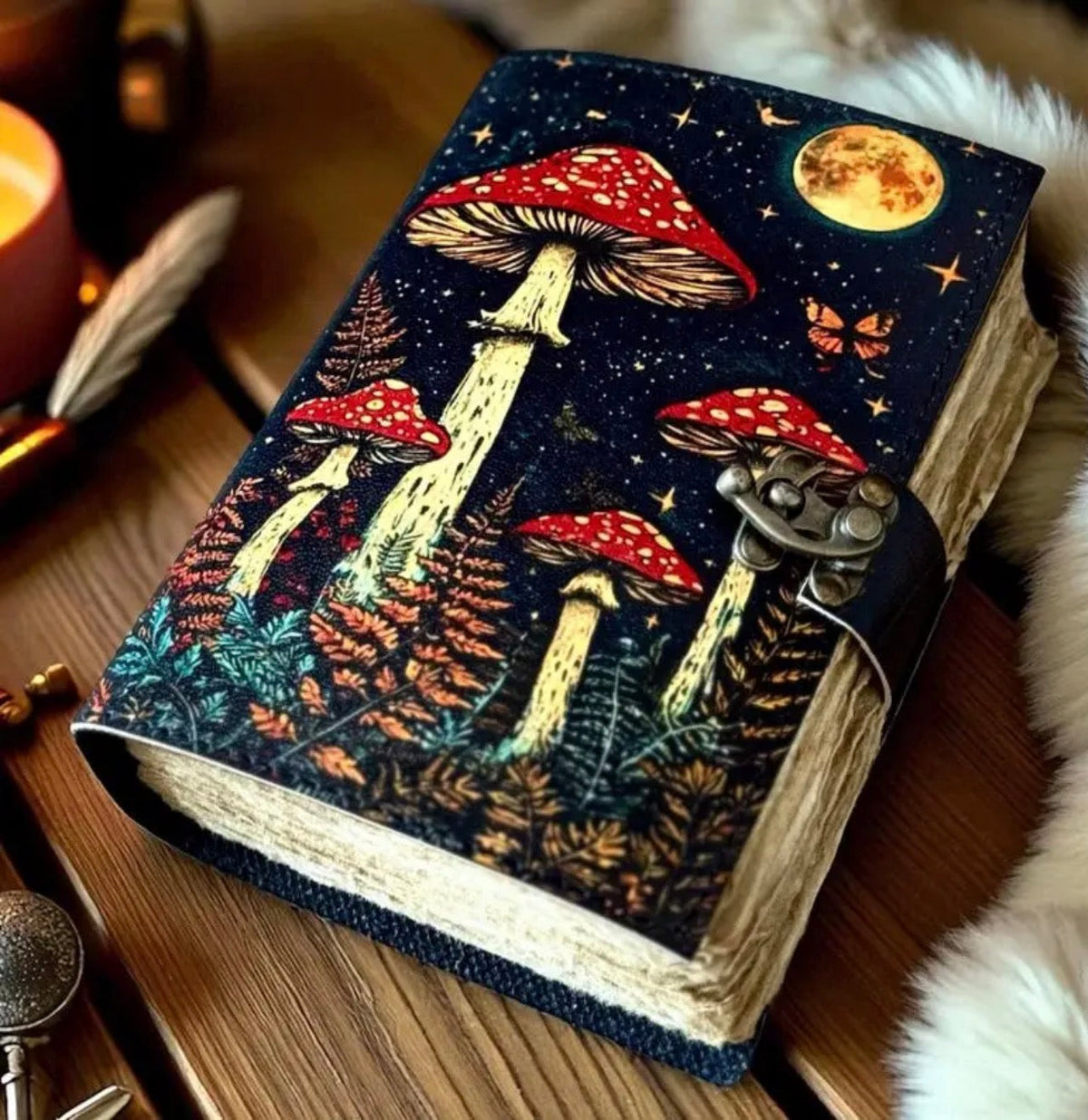 Moonlit Mushroom Leather Grimoire – 200 Page Handmade Journal