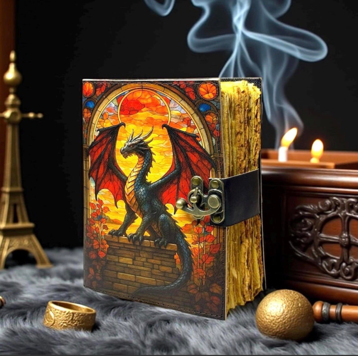 Stained Glass Dragon Leather Grimoire – 200 Page Handmade Journal