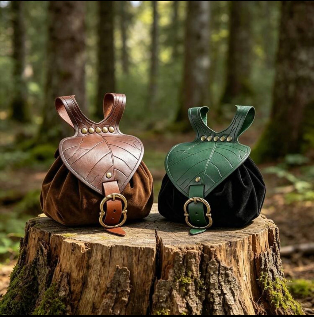 Medieval Leaf Waist Bag with Drawstring Pouch