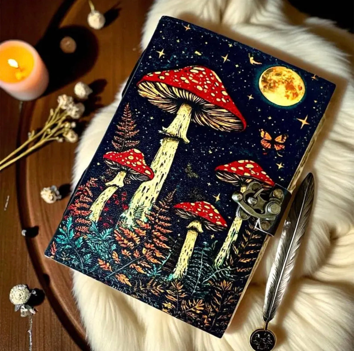 Moonlit Mushroom Leather Grimoire – 200 Page Handmade Journal