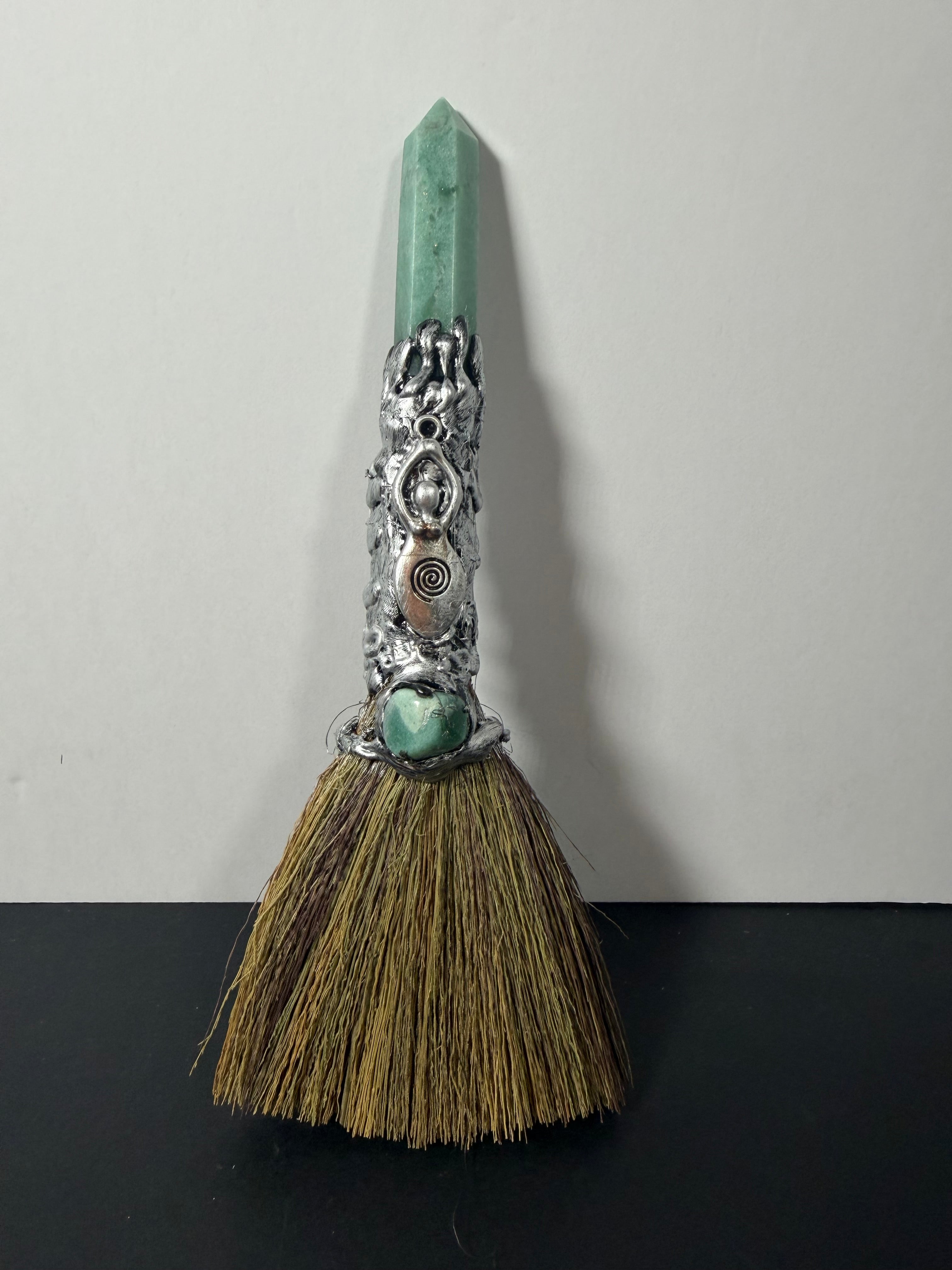 Green Aventurine Spiral Goddess Altar Besom – Decorative Wiccan Broom