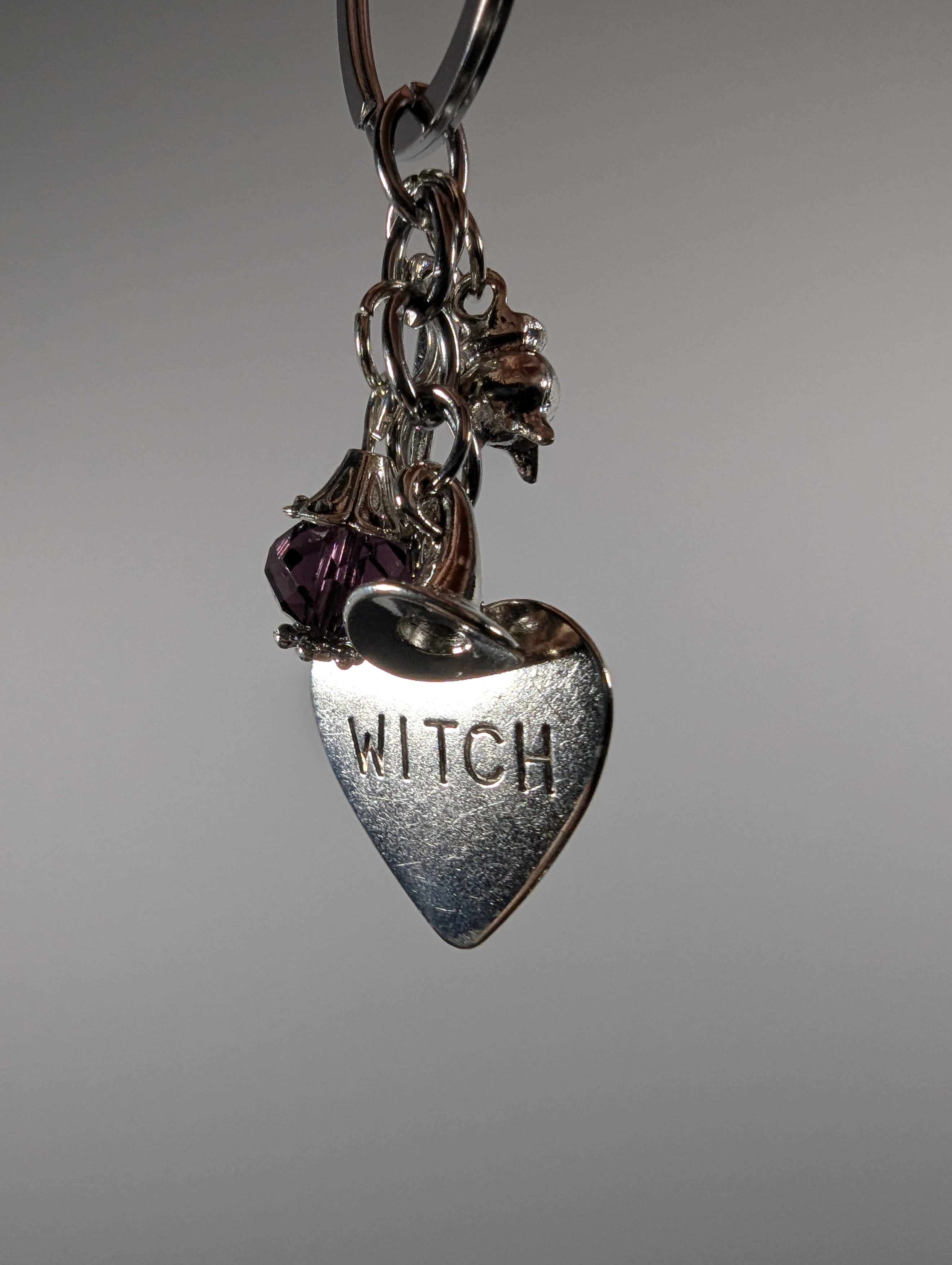 Witch Broom Charm Keychain with Crystal & Heart Charm