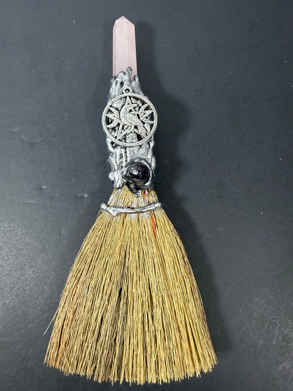 Rose Quartz Raven Altar Besom – Decorative Wiccan Broom