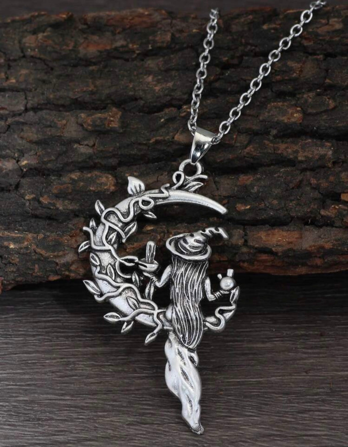Witch on Crescent Moon Broomstick Pendant Necklace