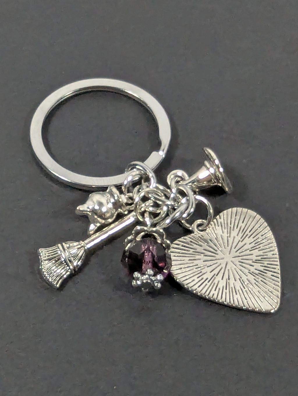 Witch Broom Charm Keychain with Crystal & Heart Charm