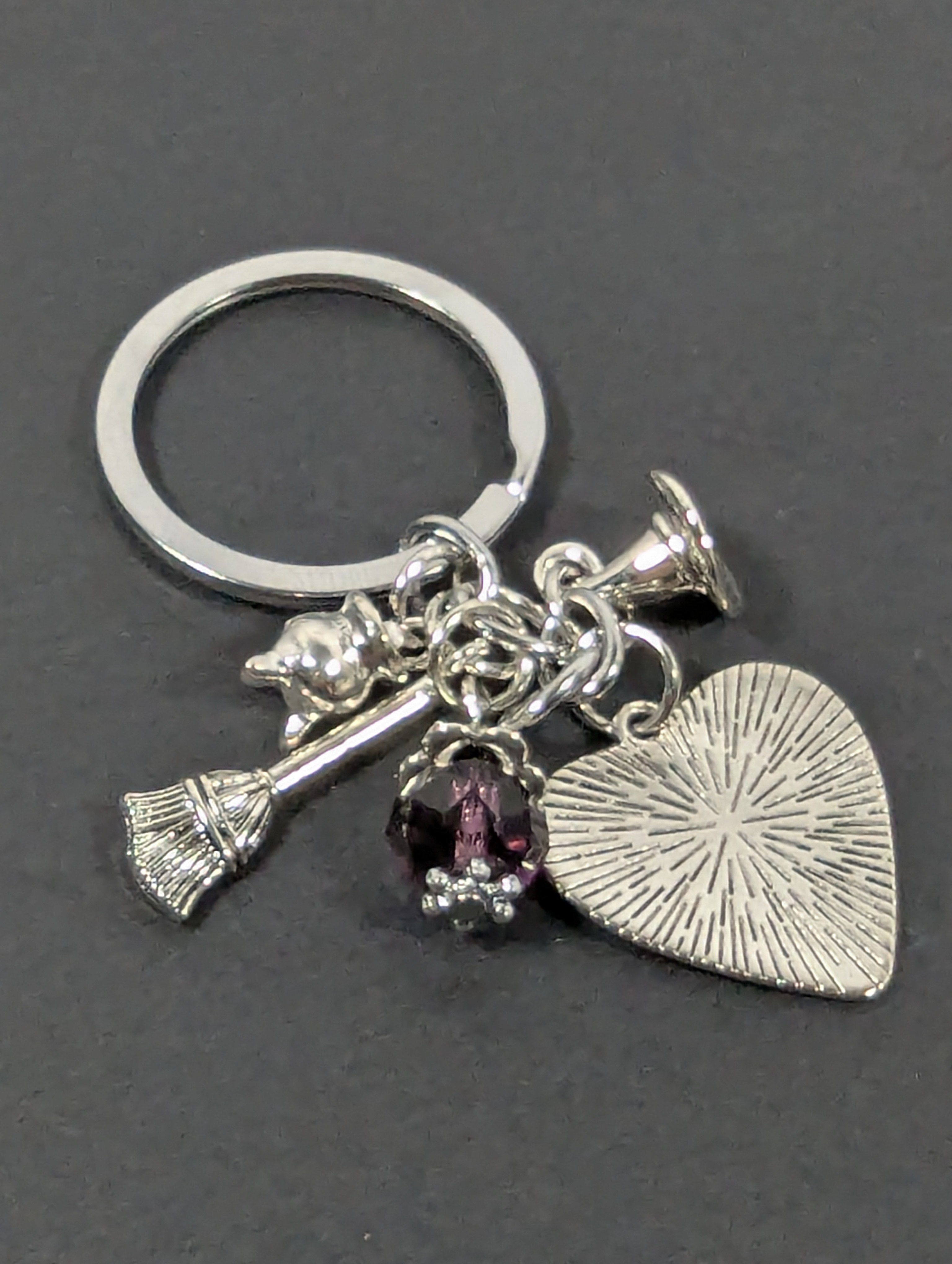 Witch Broom Charm Keychain with Crystal & Heart Charm