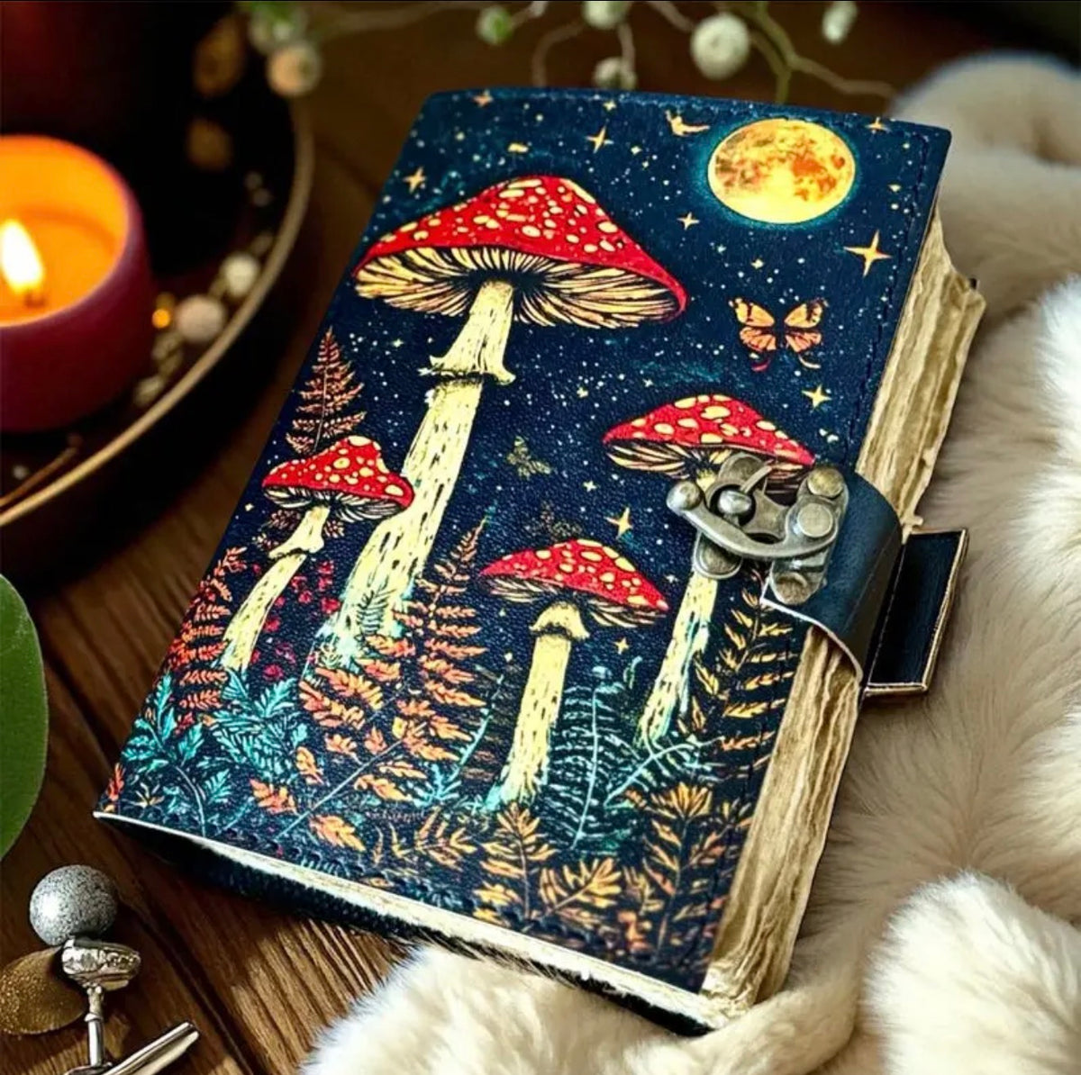Moonlit Mushroom Leather Grimoire – 200 Page Handmade Journal