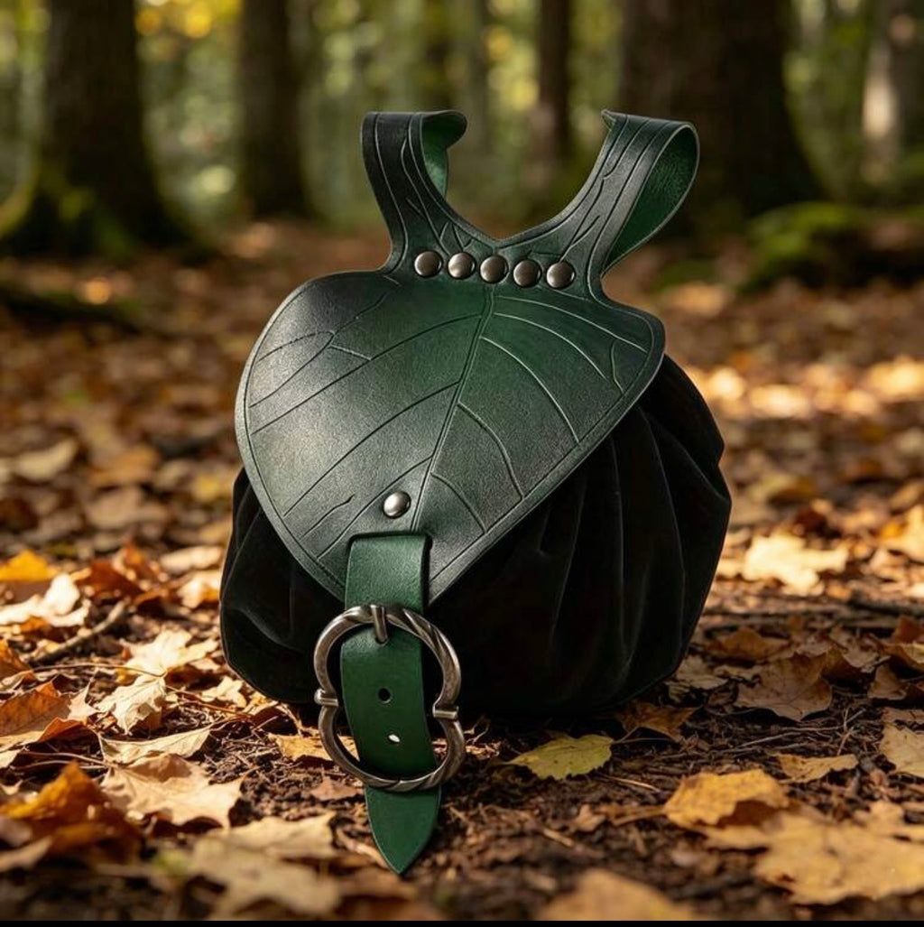 Medieval Leaf Waist Bag with Drawstring Pouch