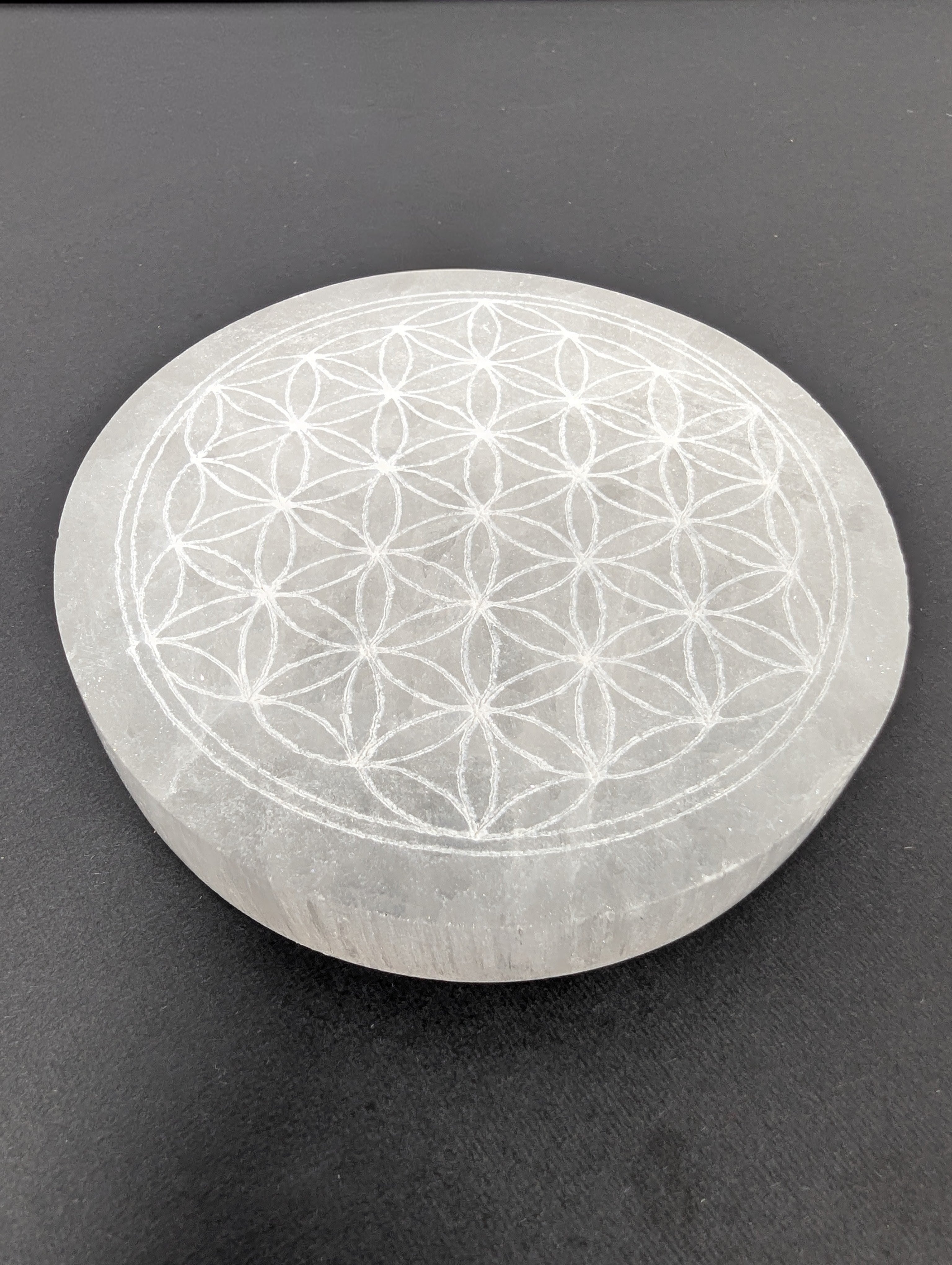 Small Selenite Charging Plate with Flower of Life Design