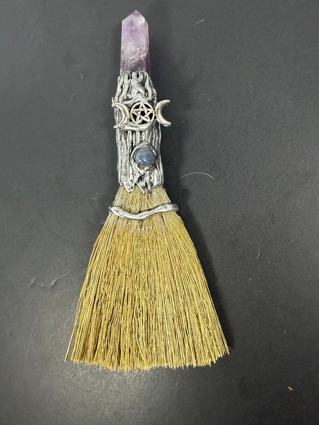 Amethyst Triple Moon Gemstone Wicca Besom – 8” Ritual Altar Broom