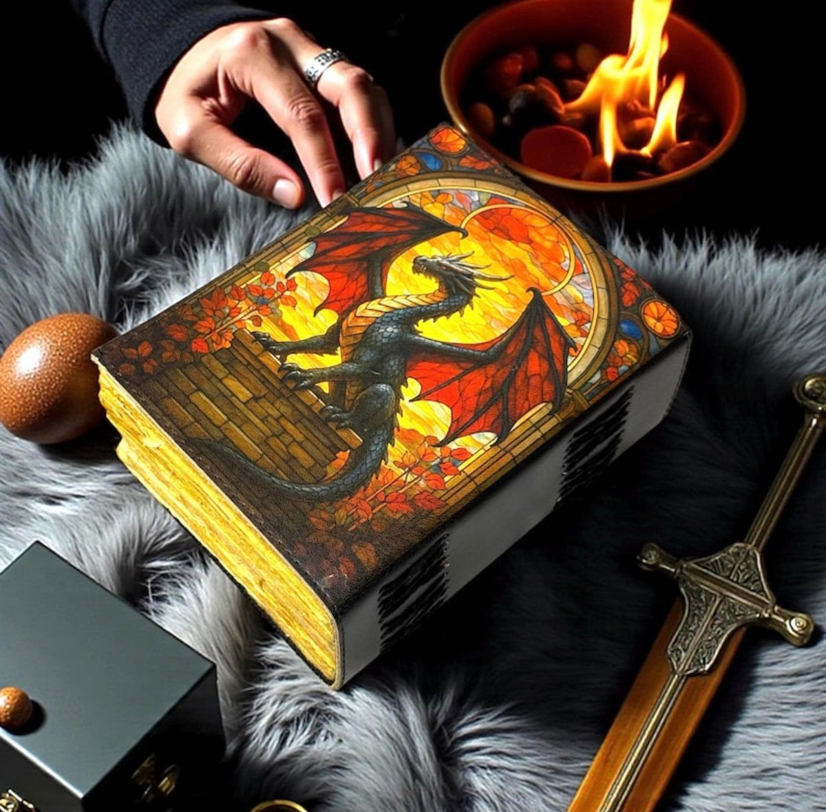 Stained Glass Dragon Leather Grimoire – 200 Page Handmade Journal