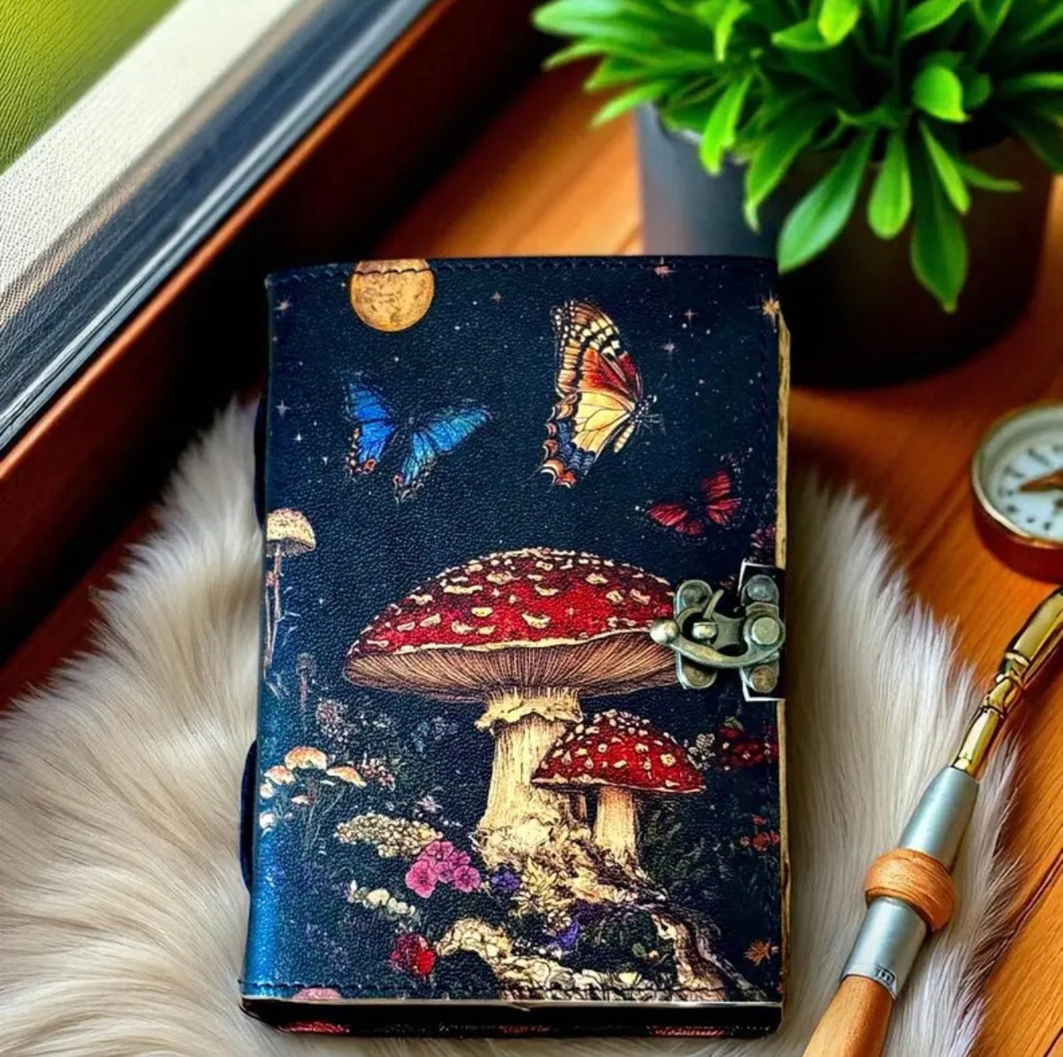 Enchanted Mushroom Leather Grimoire – Handmade 200 Page Journal