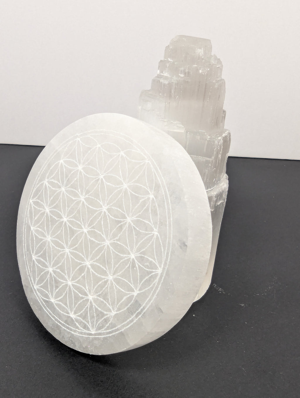 Small Selenite Charging Plate with Flower of Life Design