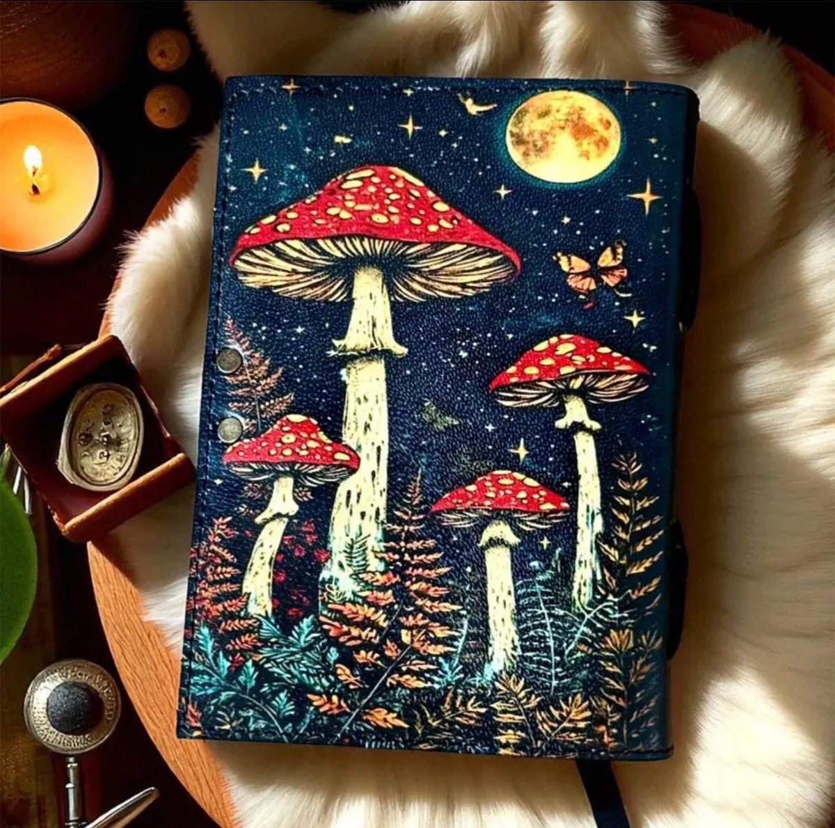 Moonlit Mushroom Leather Grimoire – 200 Page Handmade Journal