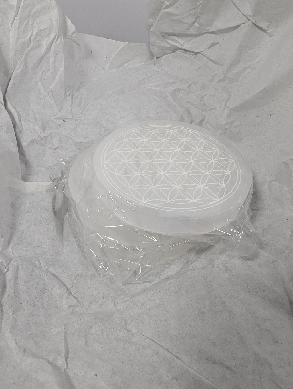 Small Selenite Charging Plate with Flower of Life Design