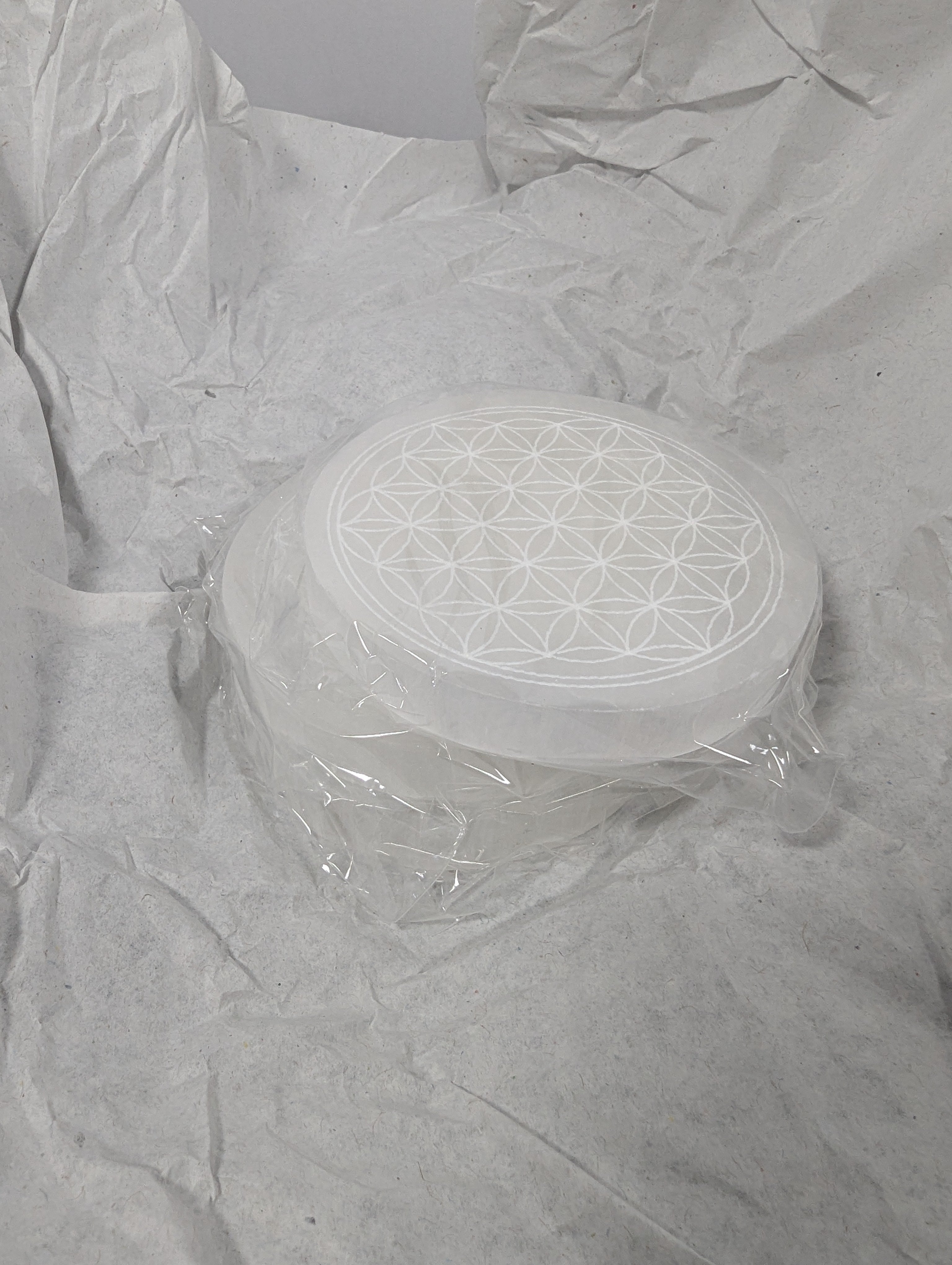 Small Selenite Charging Plate with Flower of Life Design
