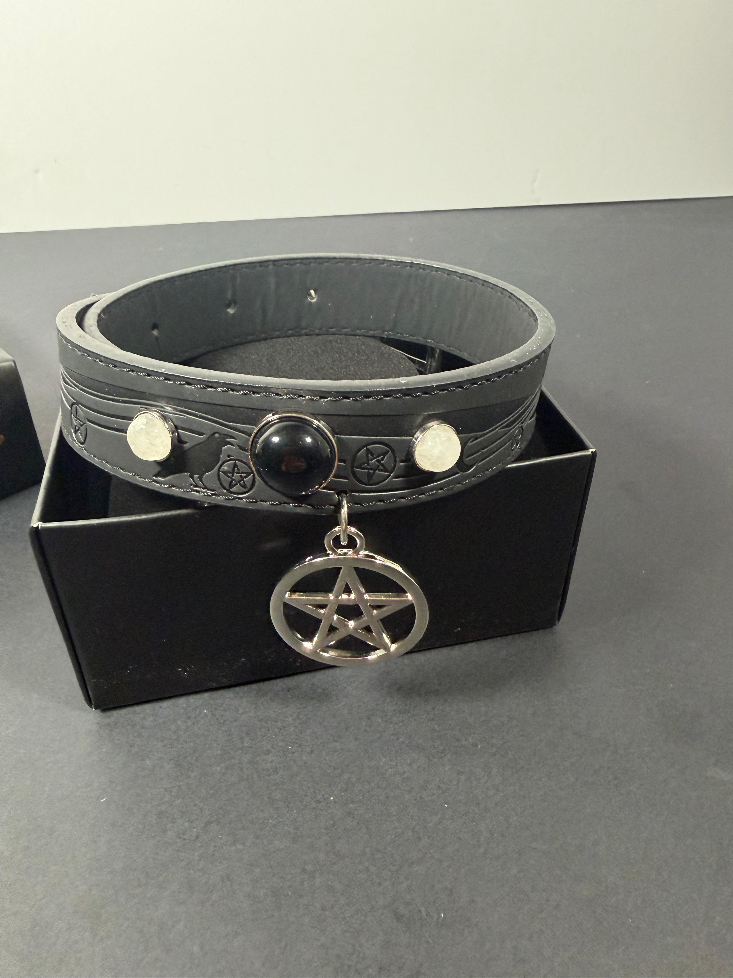 Black Pentacle Vegan Leather Dog Collar – Large