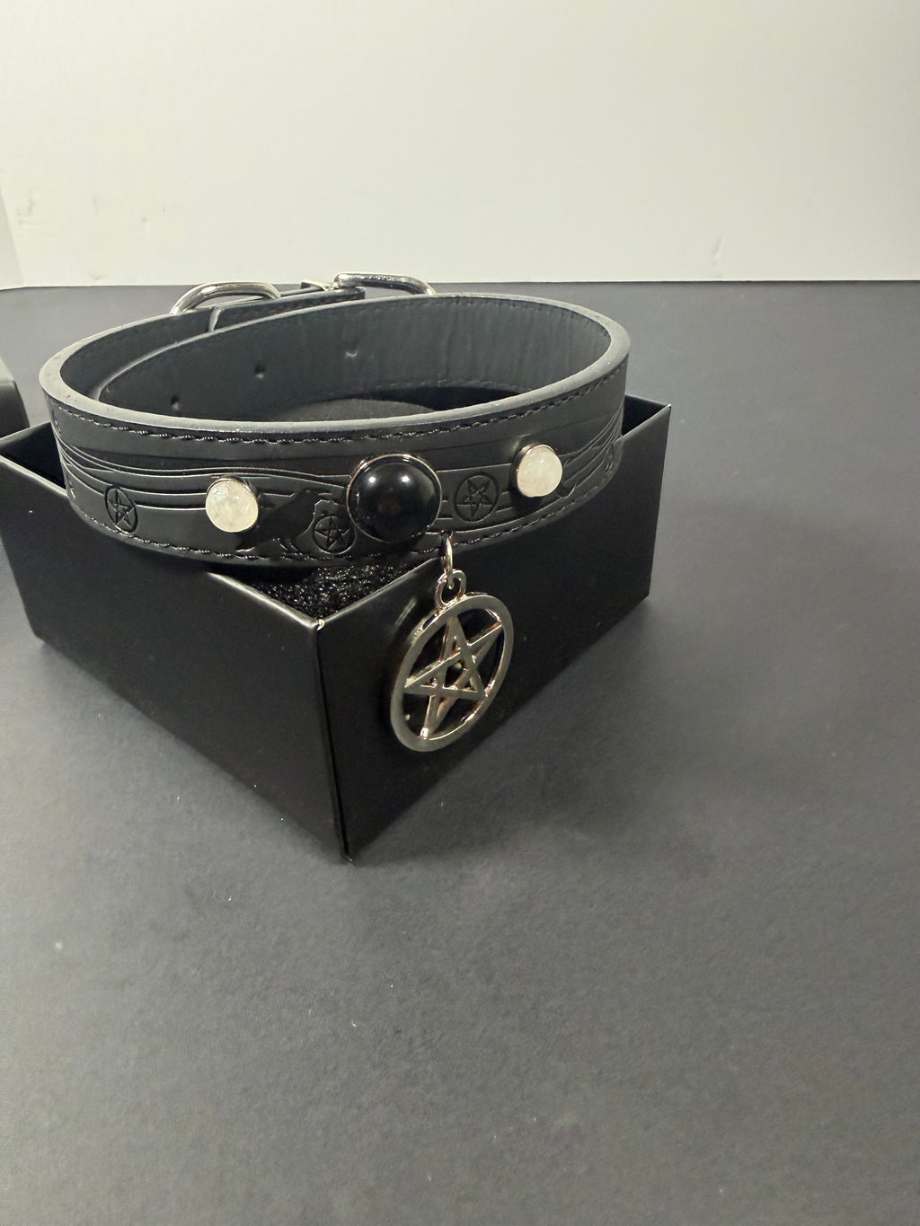 Black Pentacle Vegan Leather Dog Collar – Large