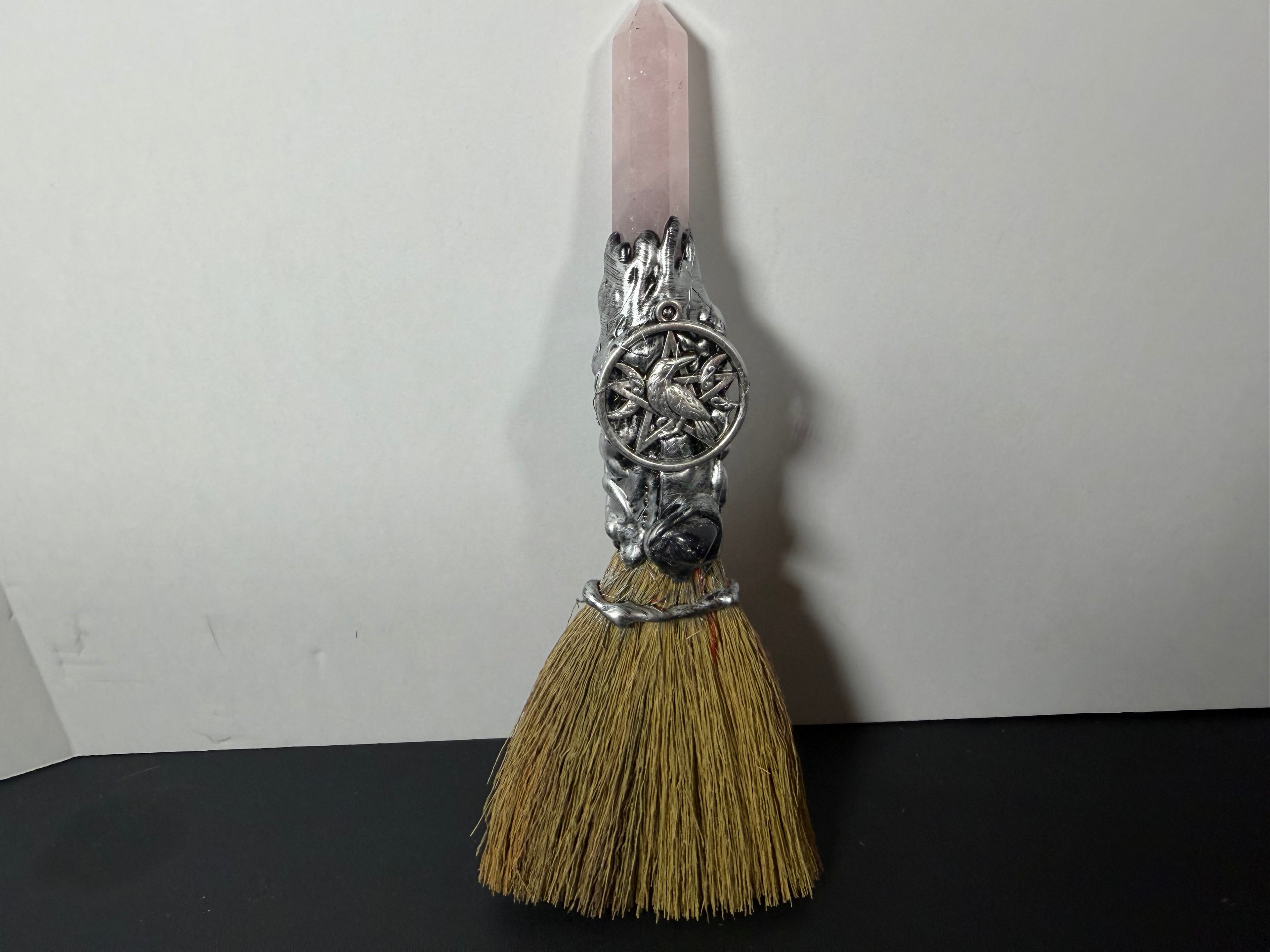Rose Quartz Raven Altar Besom – Decorative Wiccan Broom
