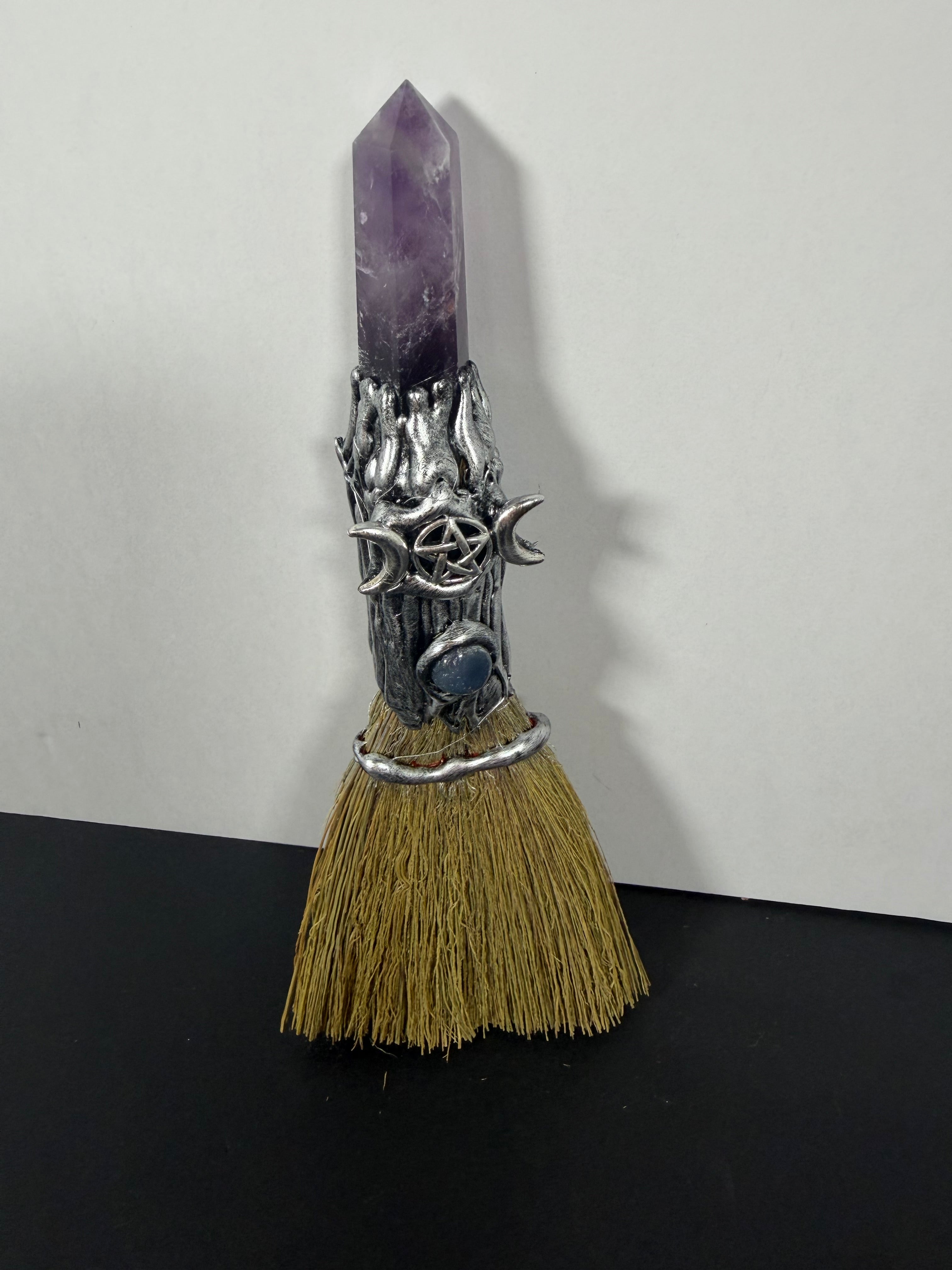 Amethyst Triple Moon Gemstone Wicca Besom – 8” Ritual Altar Broom