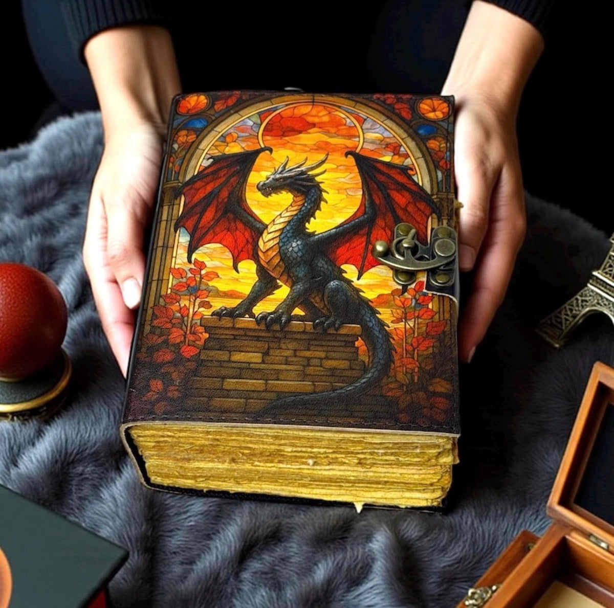 Stained Glass Dragon Leather Grimoire – 200 Page Handmade Journal