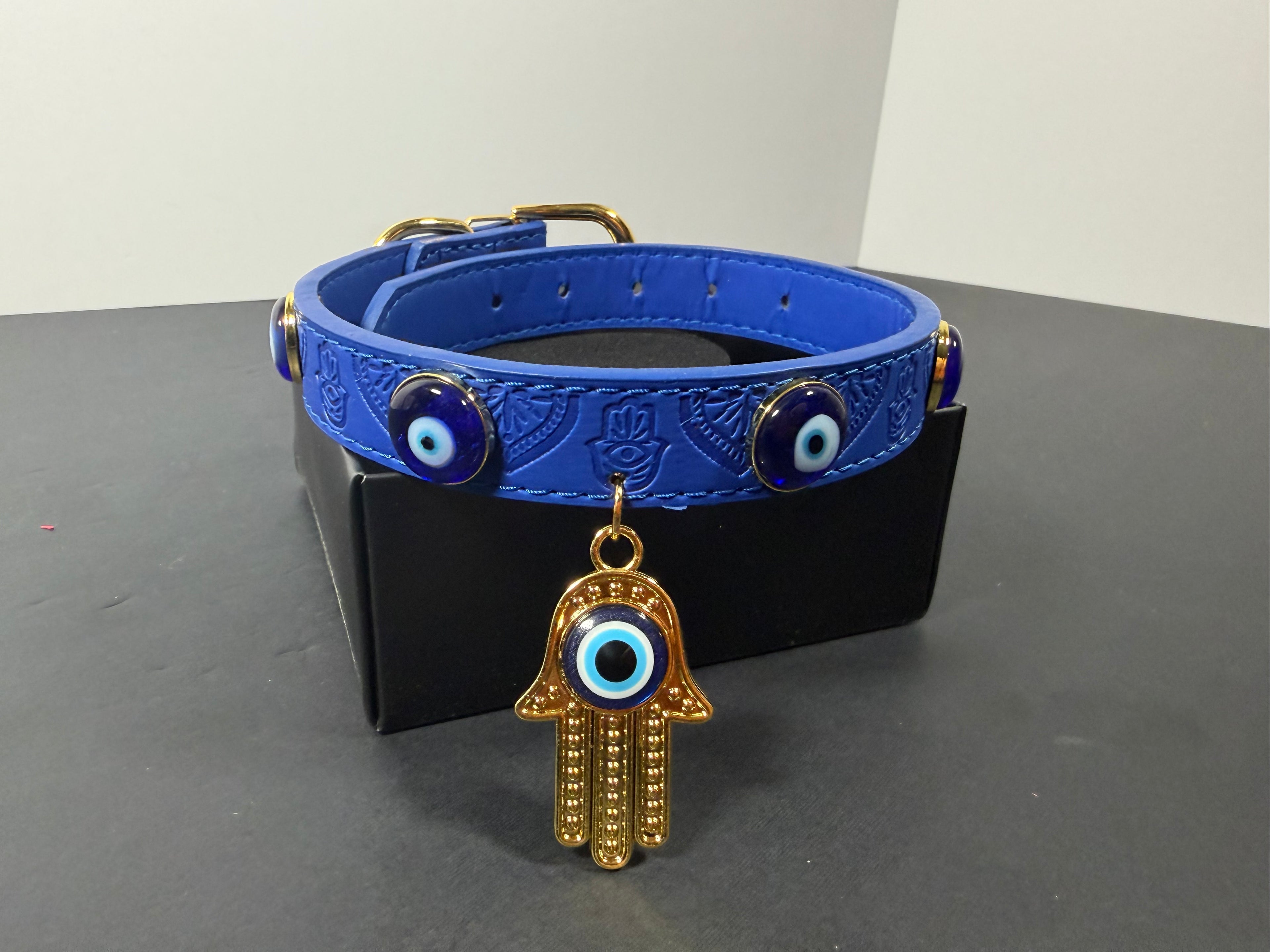 Blue Evil Eye & Hamsa Hand Vegan Leather Dog Collar
