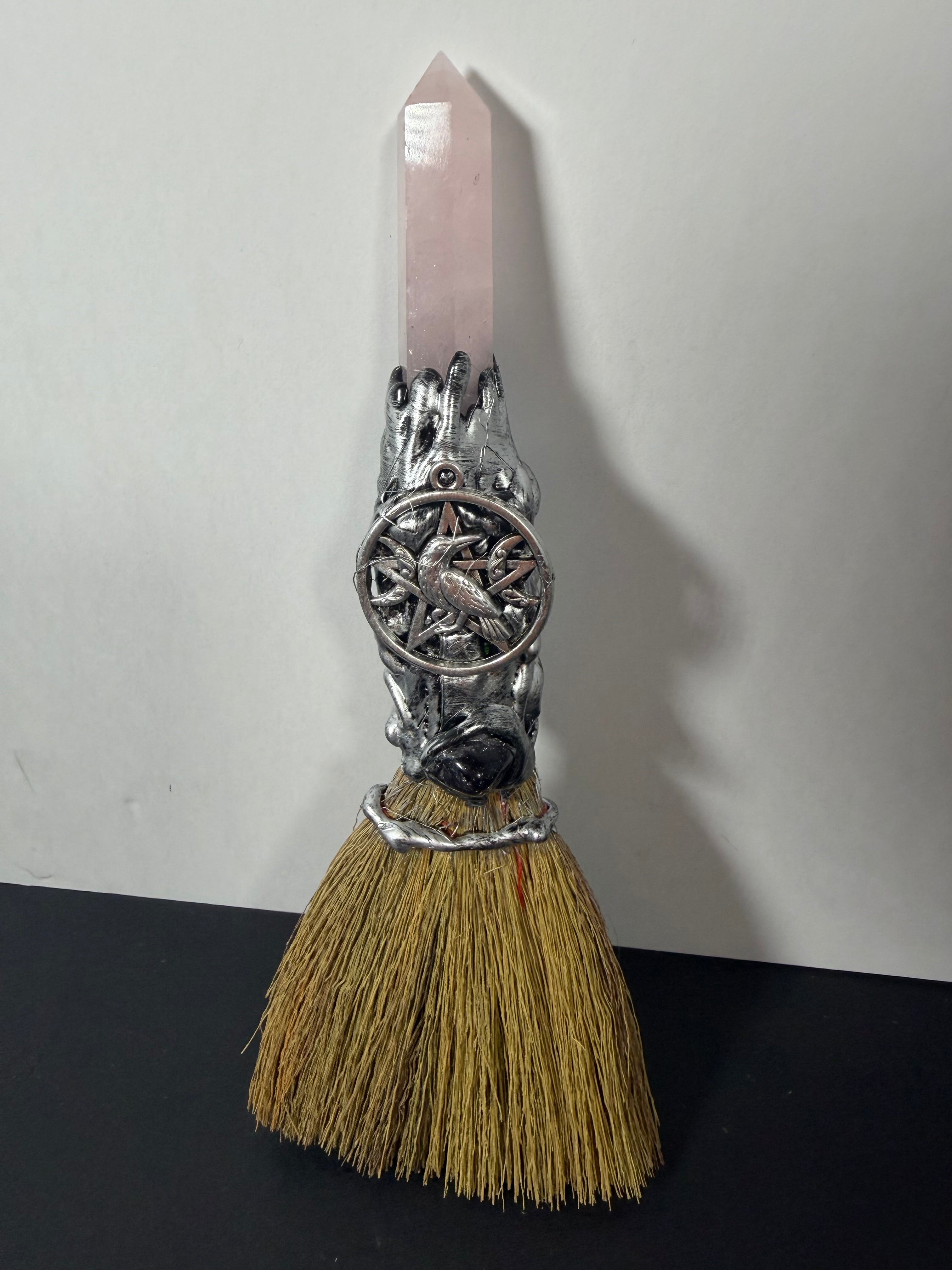 Rose Quartz Raven Altar Besom – Decorative Wiccan Broom