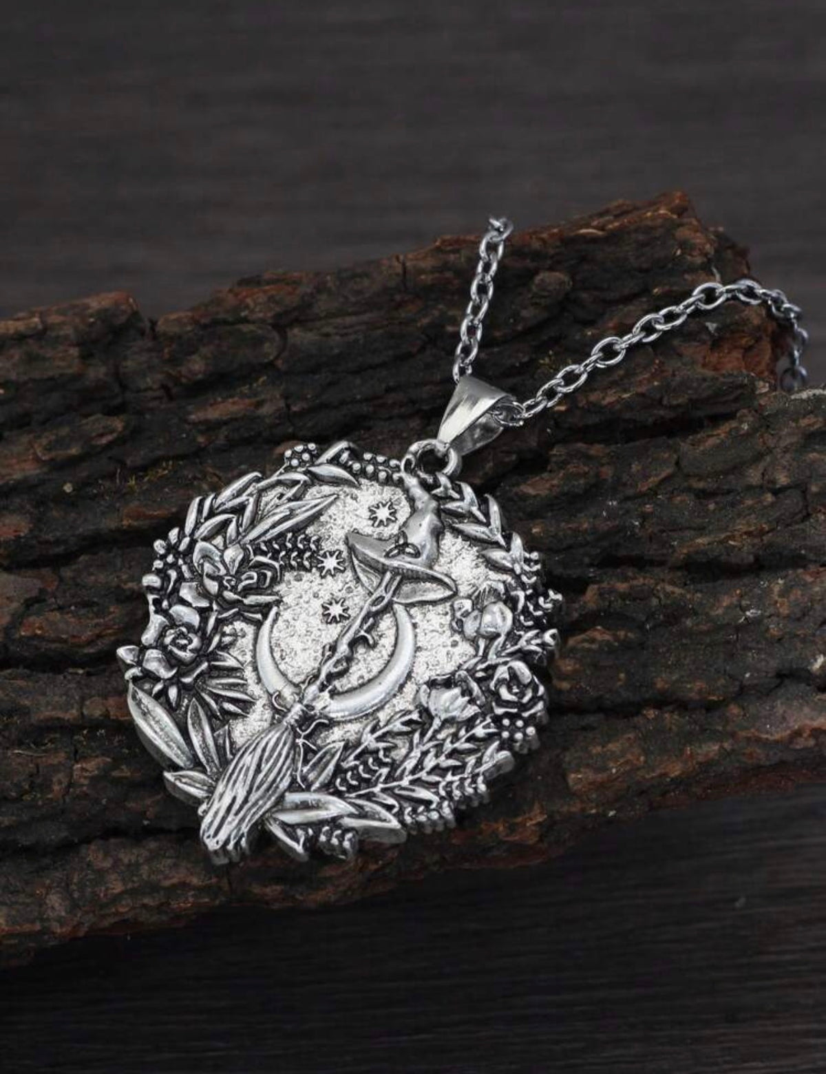 Witch’s Broom & Moon Botanical Pendant Necklace