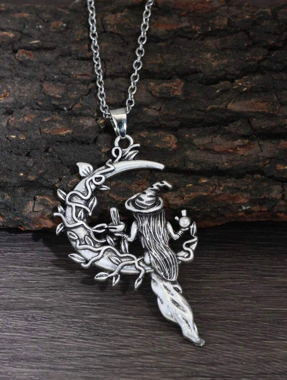 Witch on Crescent Moon Broomstick Pendant Necklace