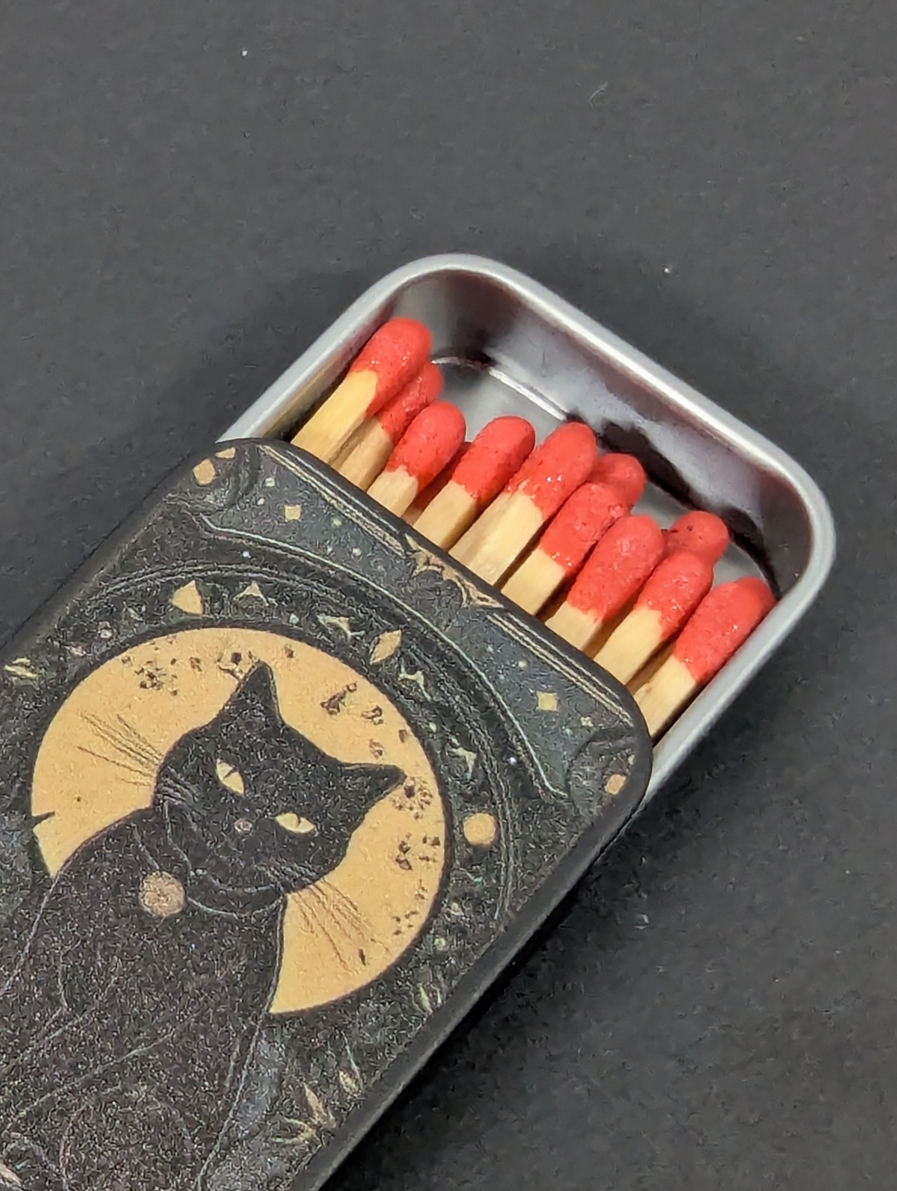 Moon Phase Black Cat Vintage Metal Matchbox