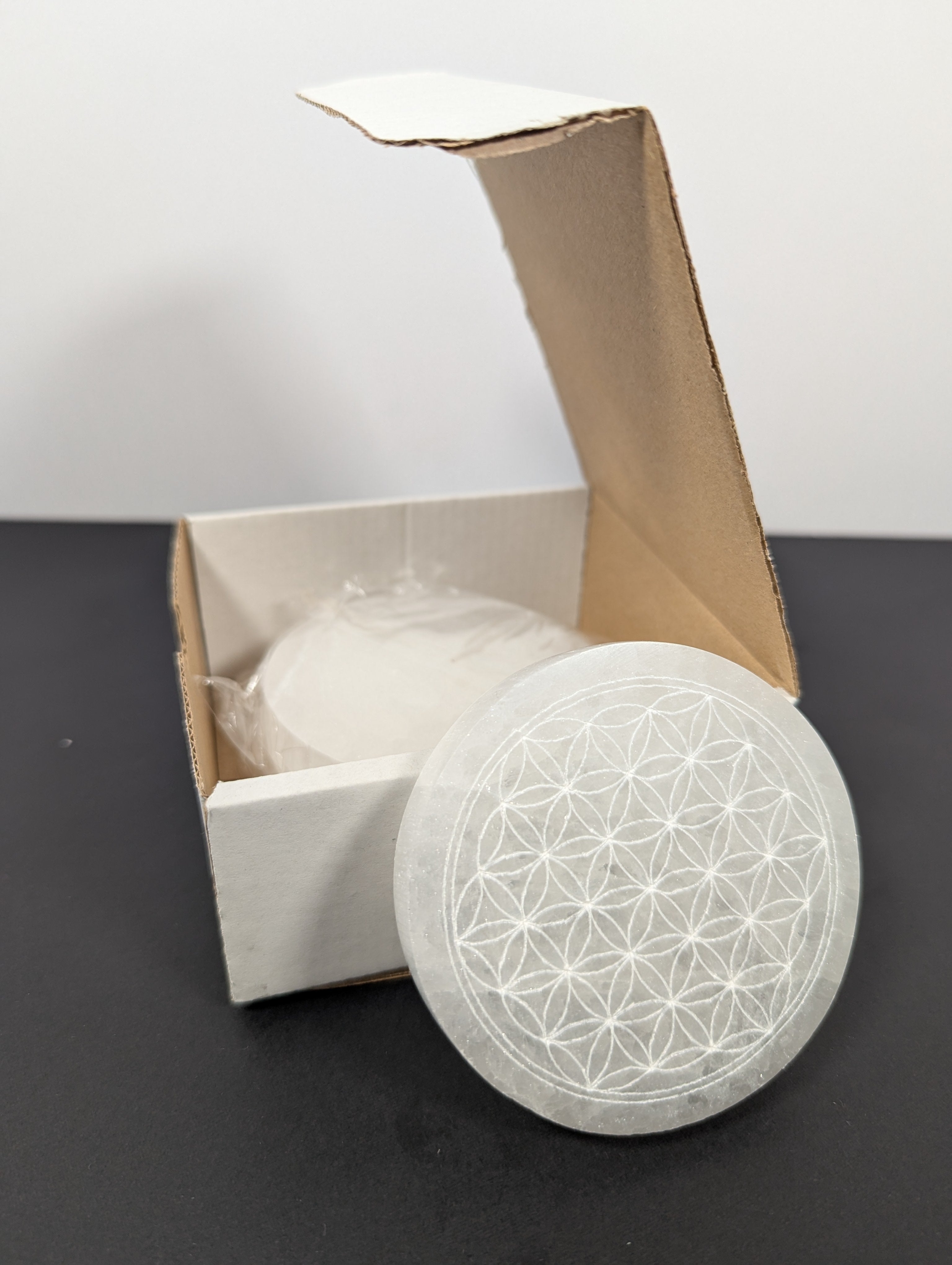 Small Selenite Charging Plate with Flower of Life Design
