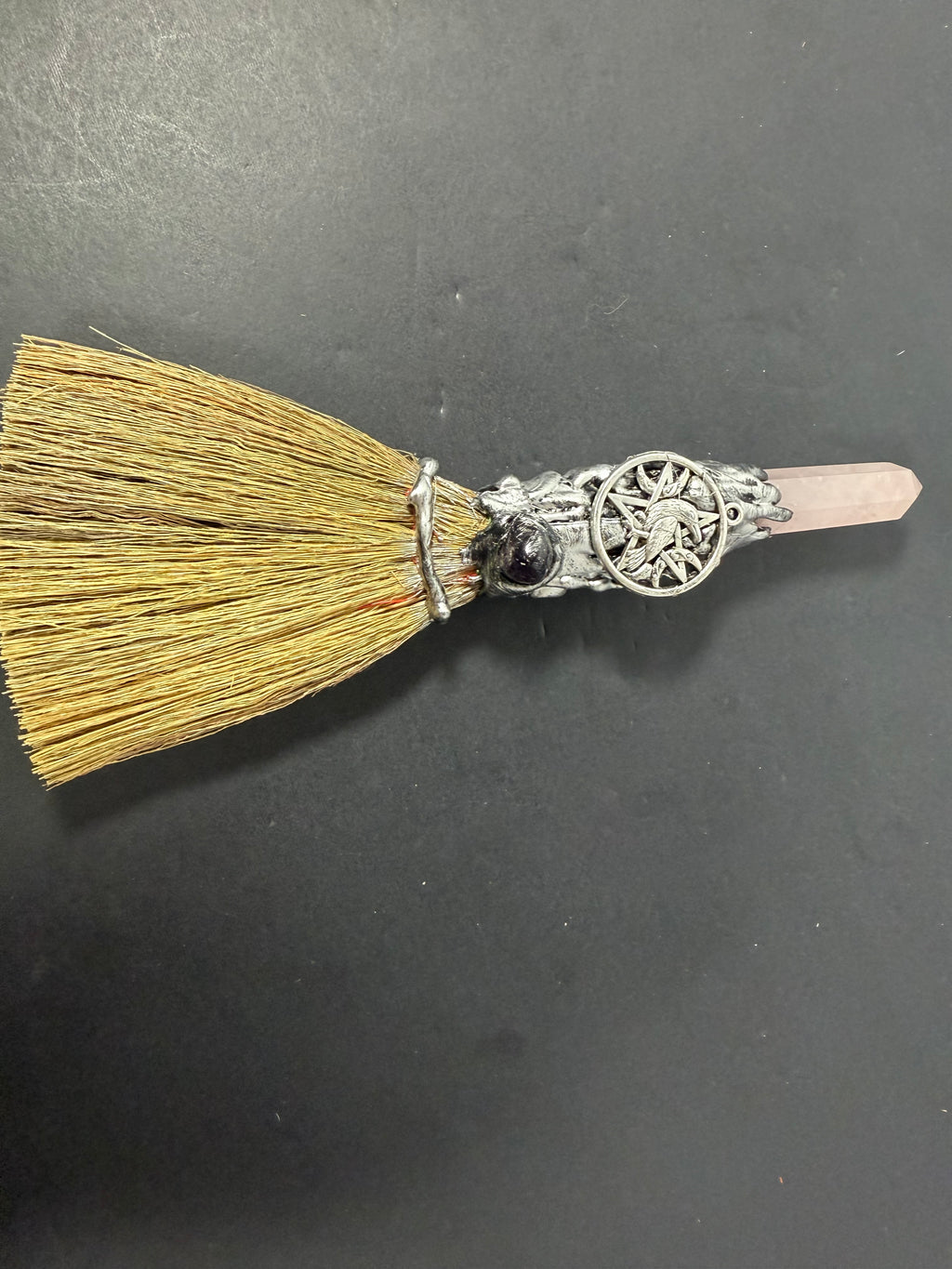 Rose Quartz Raven Altar Besom – Decorative Wiccan Broom