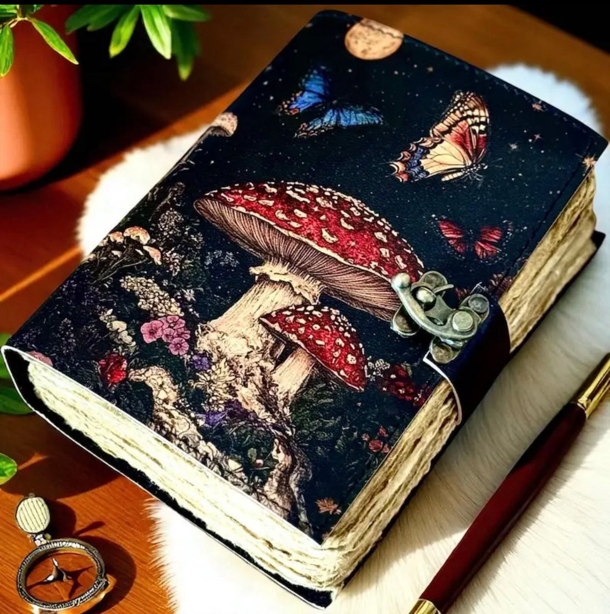 Enchanted Mushroom Leather Grimoire – Handmade 200 Page Journal