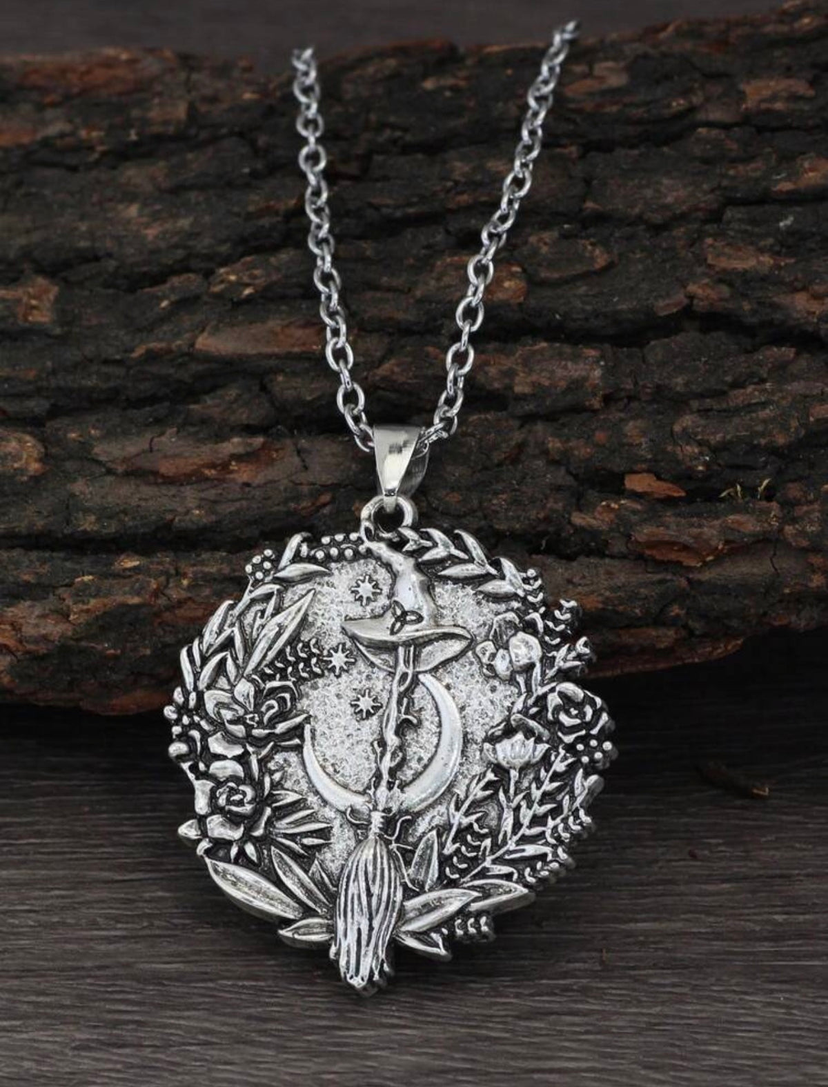 Witch’s Broom & Moon Botanical Pendant Necklace