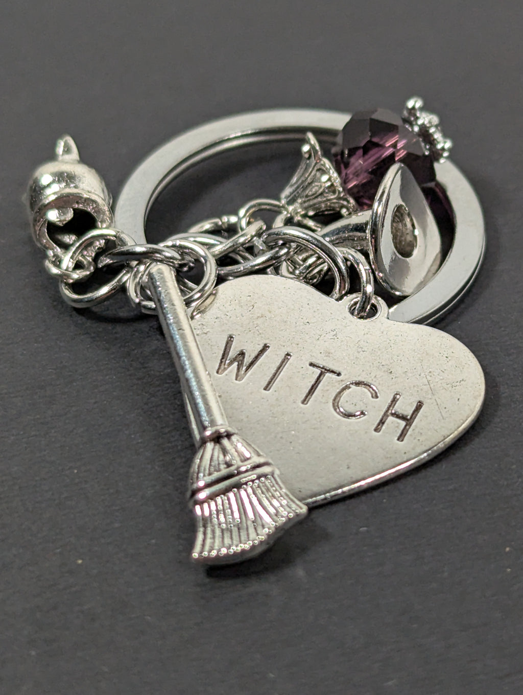 Witch Broom Charm Keychain with Crystal & Heart Charm