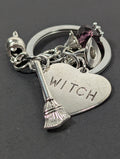 Witch Broom Charm Keychain with Crystal & Heart Charm