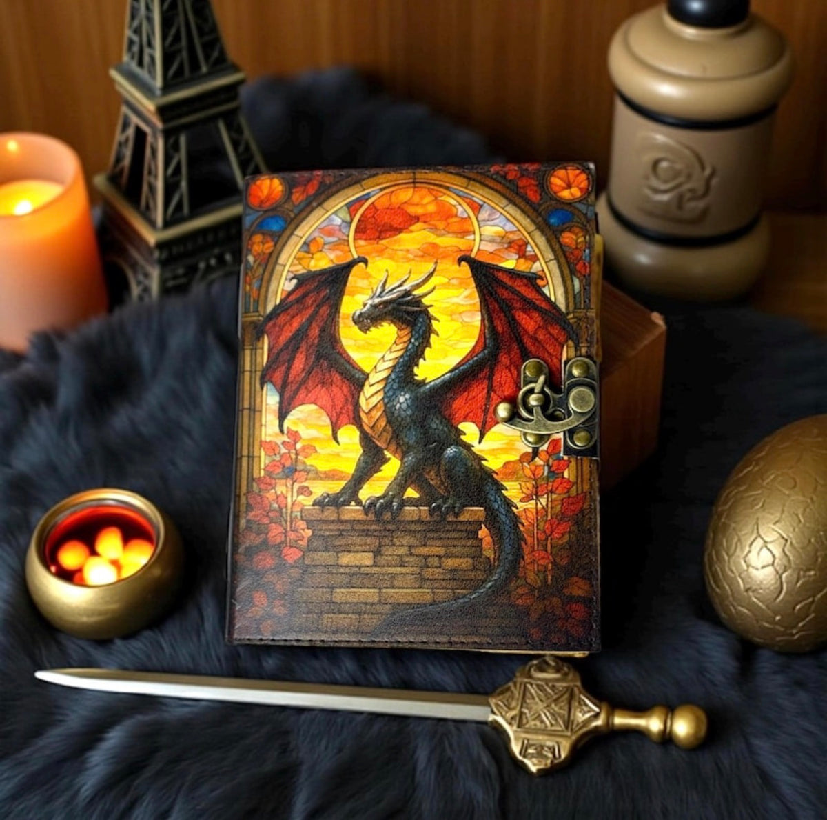 Stained Glass Dragon Leather Grimoire – 200 Page Handmade Journal