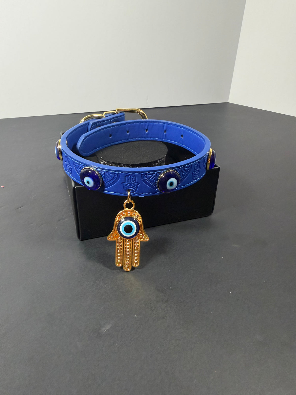 Blue Evil Eye & Hamsa Hand Vegan Leather Dog Collar