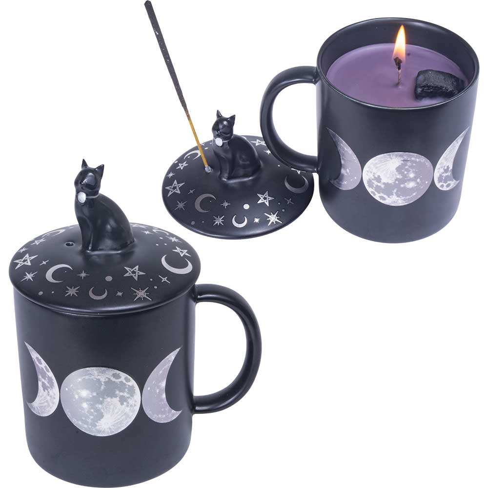 Moon Phases Mug Candle & Incense Holder with Black Tourmaline
